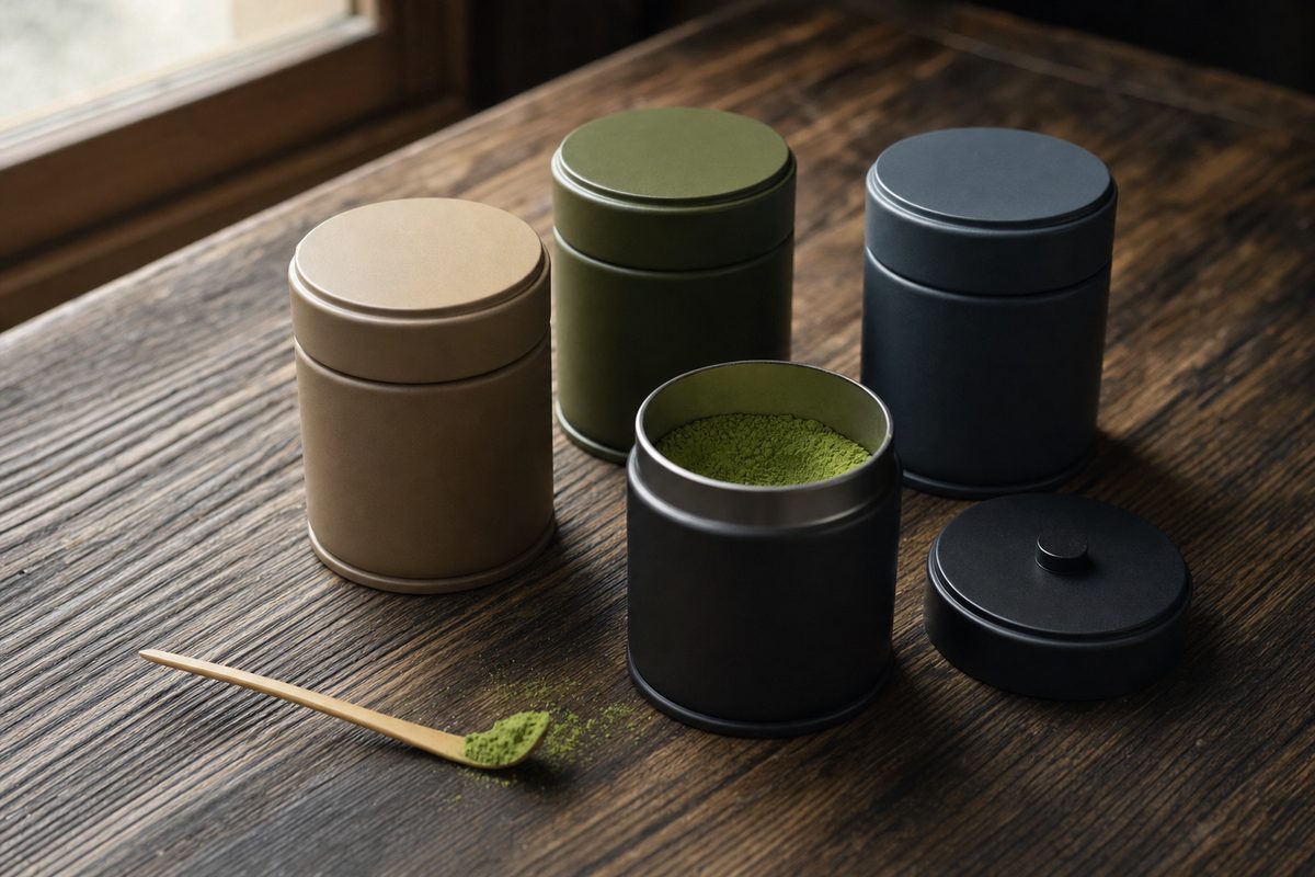 Unlabeled tea tins on a dark wooden table, one open showing bright green matcha powder