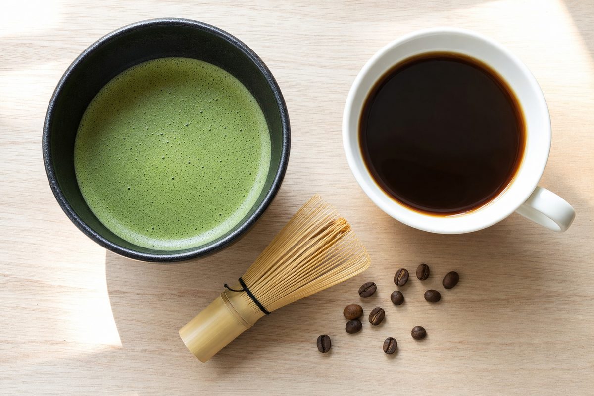 A bowl of matcha and a cup of coffee side by side on a wooden table