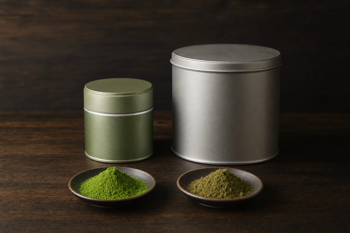 Two unlabeled matcha tins with dishes of powder showing the color difference