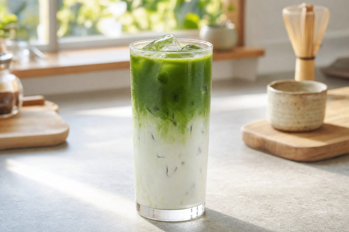 A tall glass of iced matcha latte with green and white layers