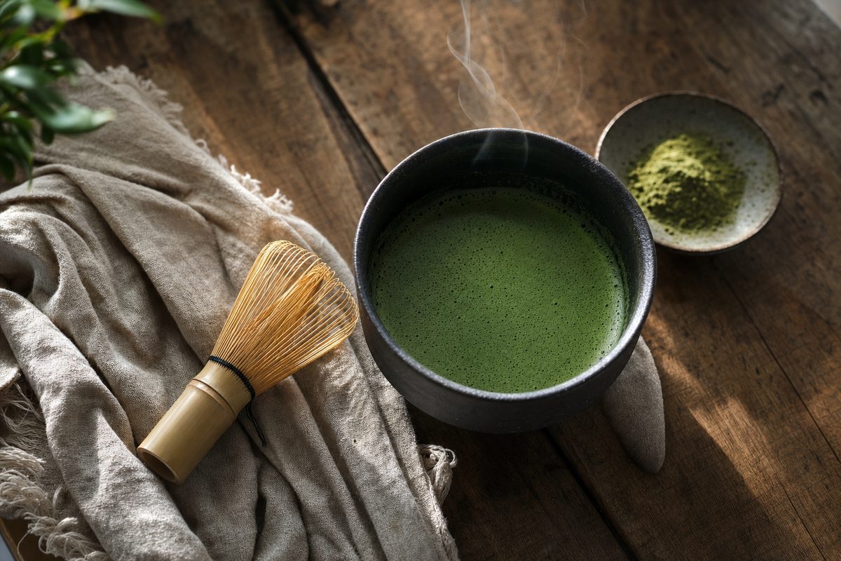 A bowl of freshly whisked matcha with fine foam, bamboo whisk resting beside it