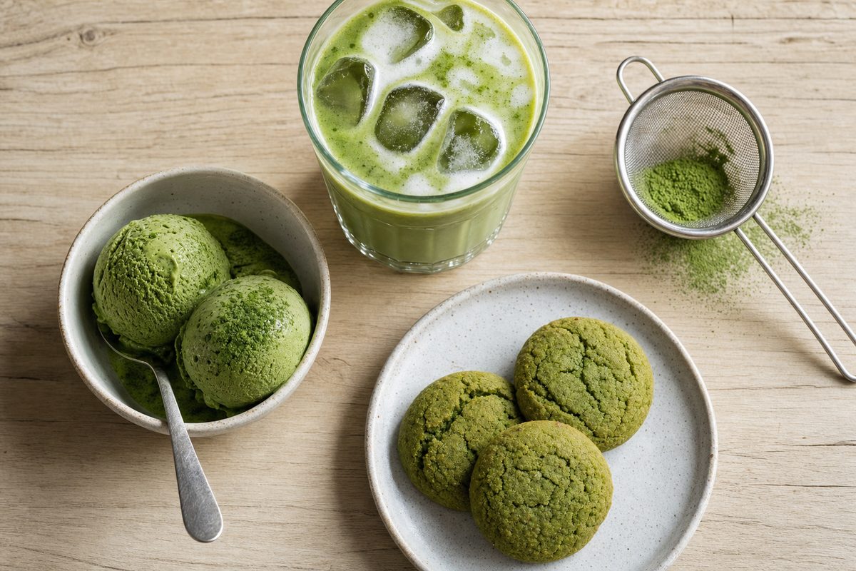 A matcha latte, matcha ice cream and matcha cookies arranged on a wooden table