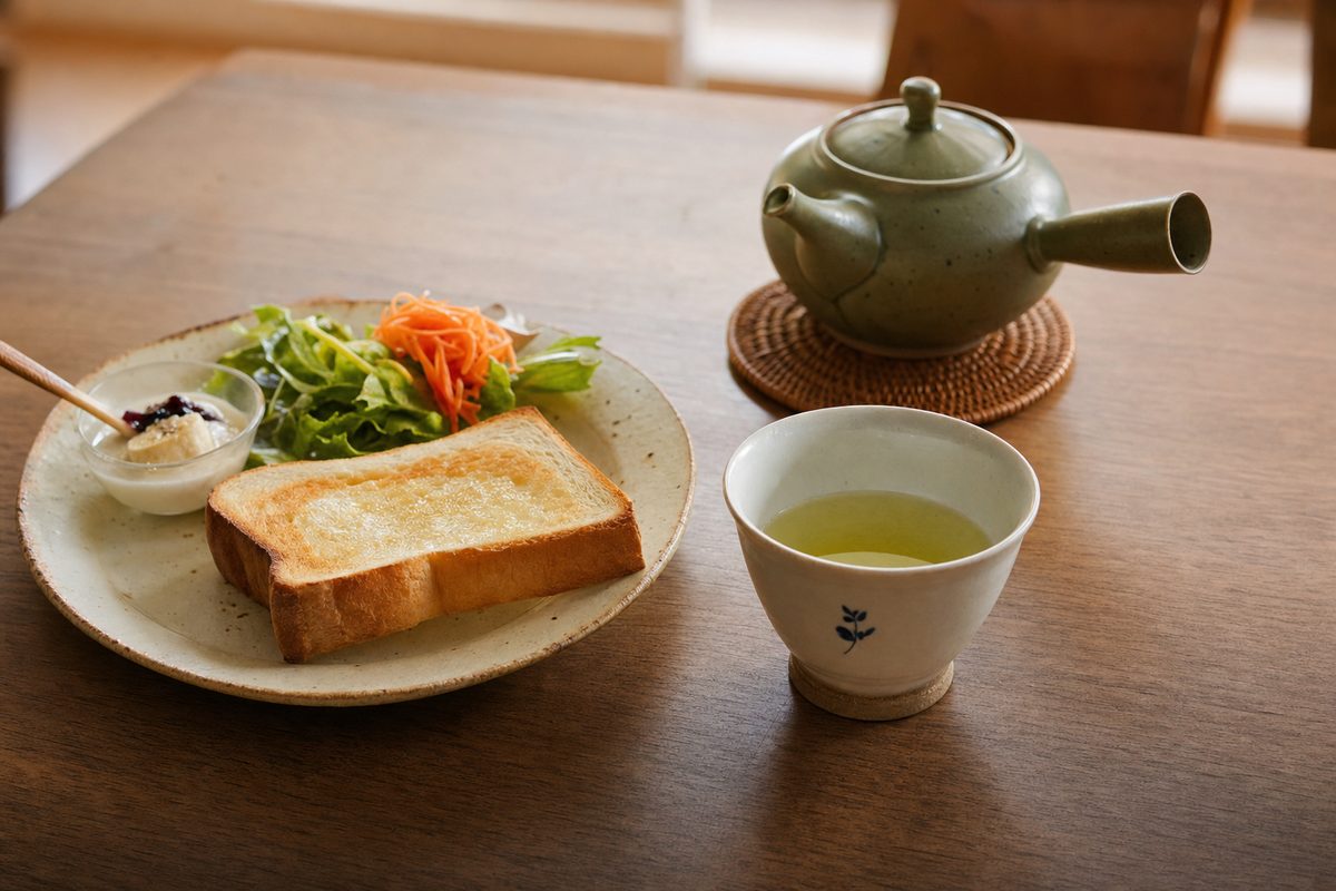 A small cup of sencha beside breakfast on a wooden table