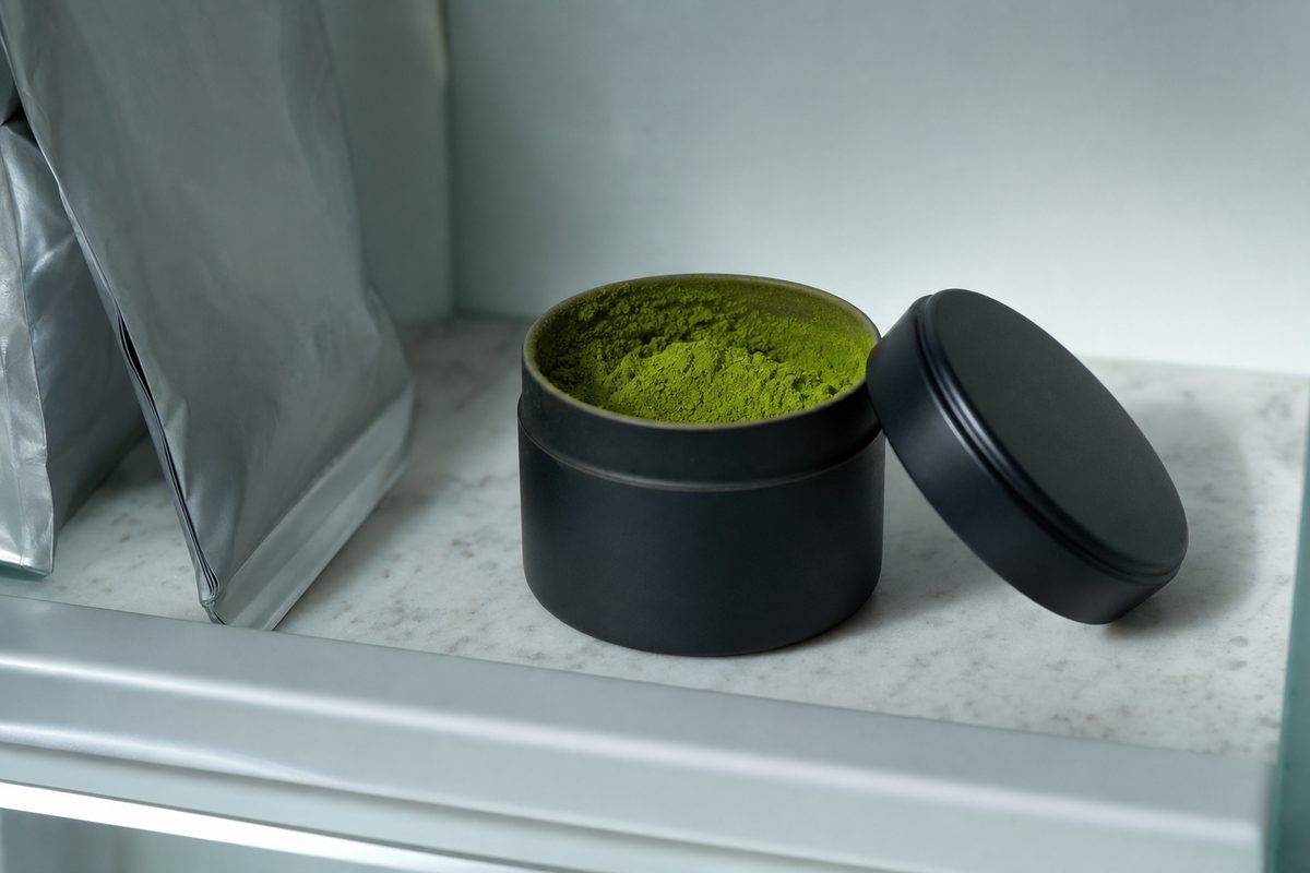 An open matcha tin showing vivid green powder, stored on a cool shelf