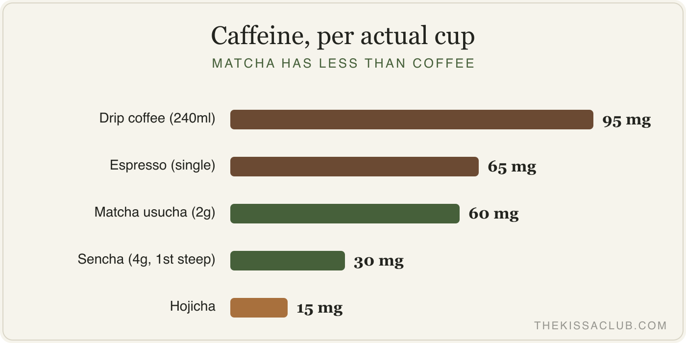 Caffeine per cup: coffee 95mg, espresso 65mg, matcha 60mg, sencha 30mg, hojicha 15mg